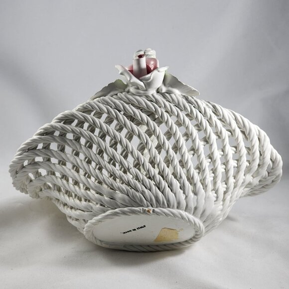 Vintage Italian Porcelain Basket Capodimonte Style Italy Pink Rose Flower Decor - Picture 5 of 12